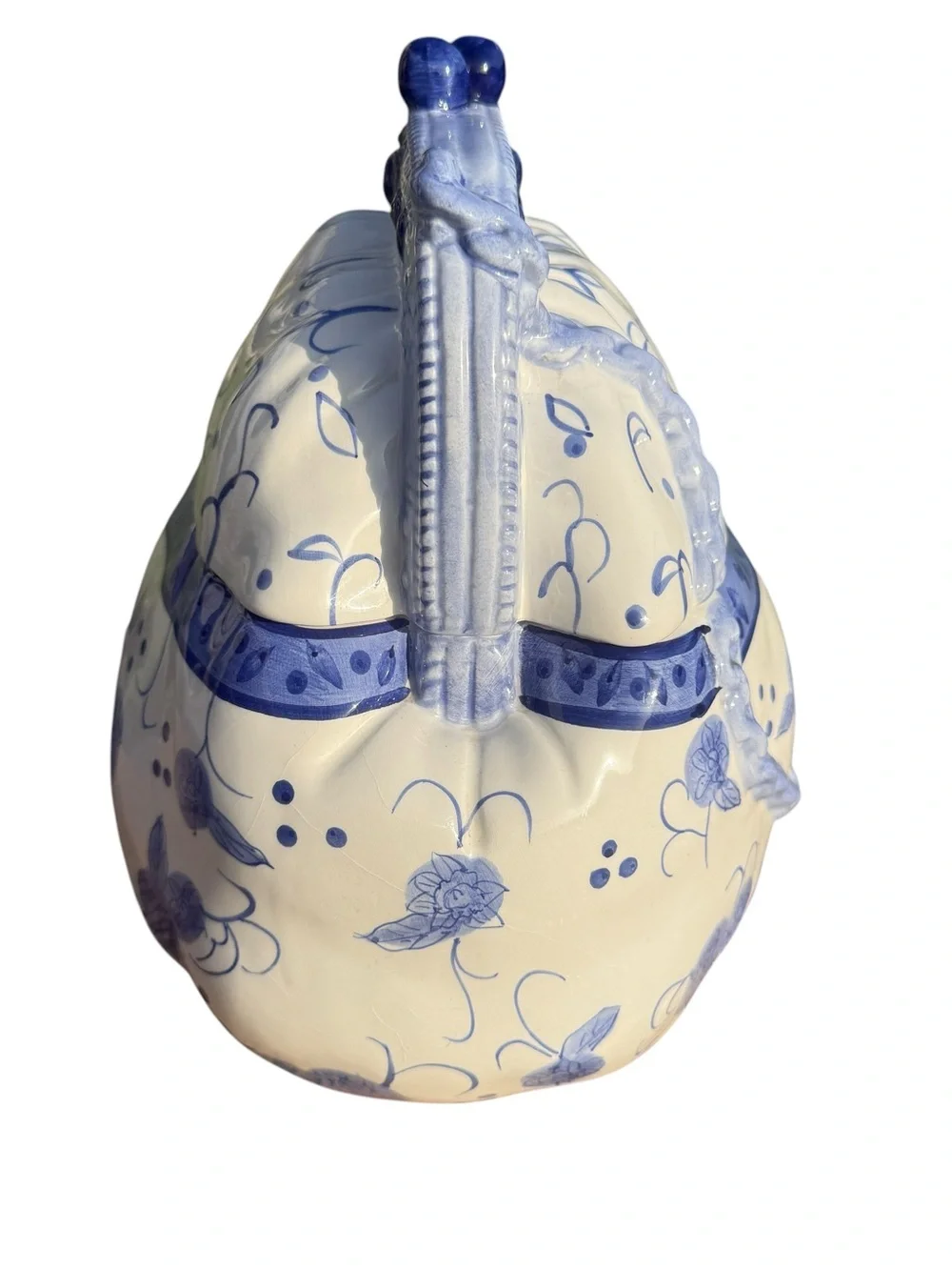 Cheryl & Co Ceramic Purse Cookie Jar Blue White Floral Canister Cottagecore 9”